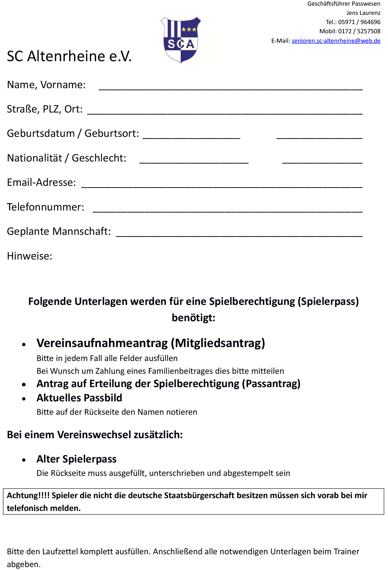 Laufzettel Mitgliedschaft / Passantrag SC Altenrheine e.V.