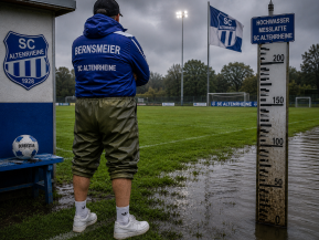 Dann erscheint endlich Trainer Sascha Bernsmeier am Spielfeldrand.