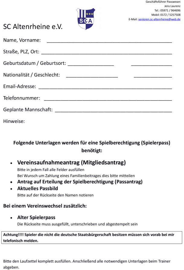 Laufzettel Mitgliedschaft / Passantrag SC Altenrheine e.V.