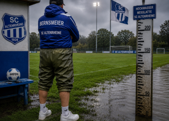 Dann erscheint endlich Trainer Sascha Bernsmeier am Spielfeldrand.