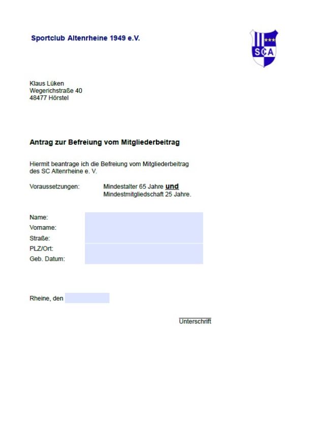 Antrag zur Befreiung vom Mitgliederbeitrag SC Altenrheine e.V.